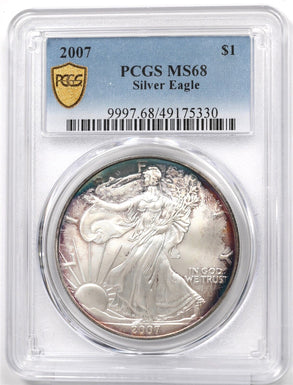 2007 Silver Eagle Nice Luster and Blue/OrangeToning! PCGS MS68 PC1709