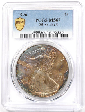 1996 Silver Eagle Gorgeous Monster Rainbow Blue/Orange Toning! PCGS MS67 PC1715