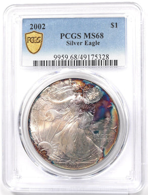 2002 Silver Eagle Gorgeous Monster Rainbow Blue/Orange Toning! PCGS MS68 PC1719