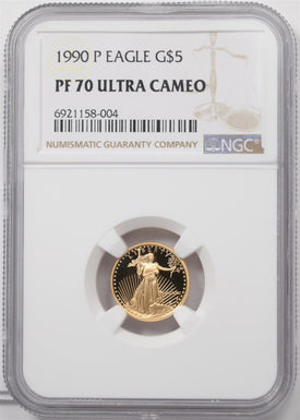 1990-P $5 1/10oz Gold Eagle NGC PF70 ULTRA CAMEO NG2001