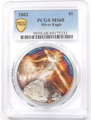 2002 Silver Eagle Gorgeous Monster Rainbow Blue/Orange Toning! PCGS MS68 PC1713