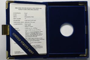 1988 US PROOF American Gold Eagle 0.1oz Box with COA and NO Coin