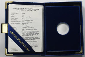 1988 US PROOF American Gold Eagle 0.1oz Box with COA and NO Coin