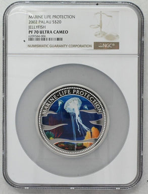 Palau 2002 S$20 Silver 5oz PROOF 70 Ultra Cameo Jellyfish Marine Life Protection