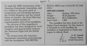 1991 Silver UK Royal Mint Centennial Medal American Numismatic Association with