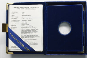 1988 US PROOF American Gold Eagle 0.1oz Box with COA and NO Coin