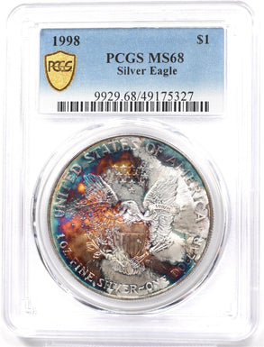 1998 Silver Eagle Gorgeous Monster Rainbow Blue/Orange Toning! PCGS MS68 PC1721