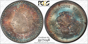 Mexico 1947 Mo 5 Peso silver PCGS MS65 stunning purple blue~ PC0246 combine ship