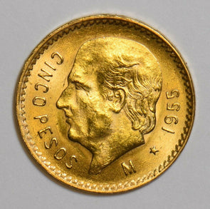 Mexico 1955 5 Pesos gold GEM BU GL0107 combine shipping