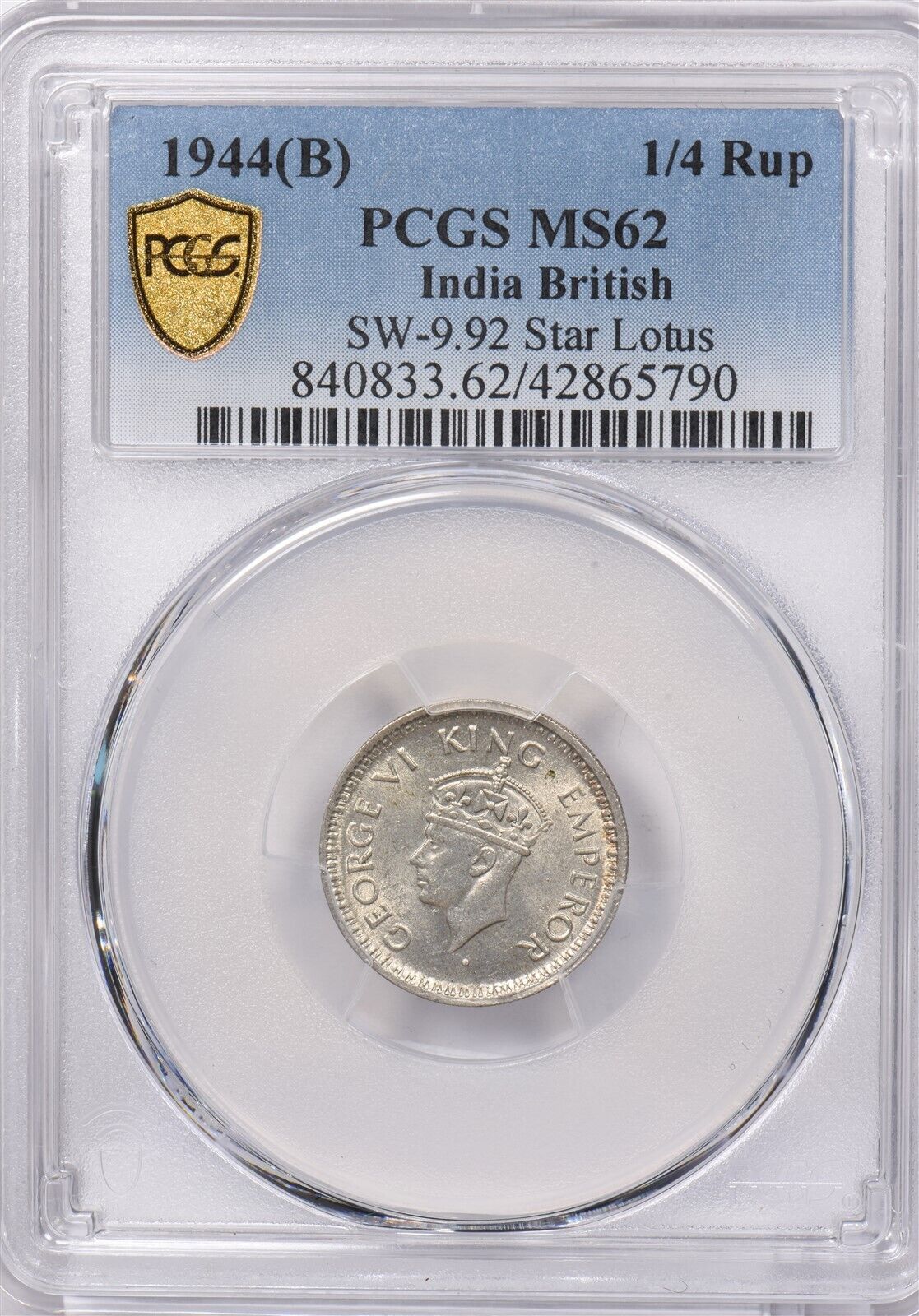 India British 1944 B 1/4 Rupee PCGS MS 62 SW-9.92 Star Lotus