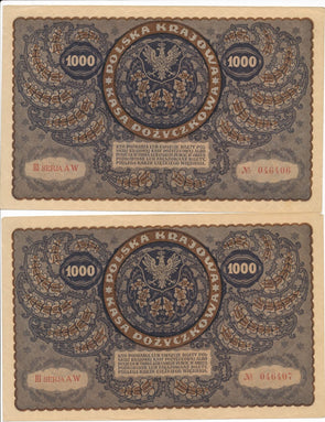 RC0241 Poland 1919 1000 Marek Polskich 2 consecutive notes AU combine shipping