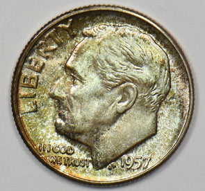 1957 Roosevelt Dime 90% silver Lightly tone. Light color Gem BU U0281