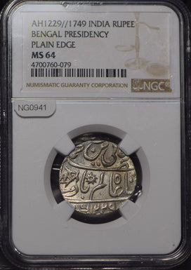 Princely States India 1749 AH 1229 Rupee NGC MS64 Bengal Presidency NG0941 combi