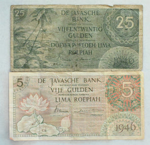 Netherland Indies 1946 Javanese 2 bank notes 5 Gulden/ Rupiah, 25 Gulden/ Rupiah