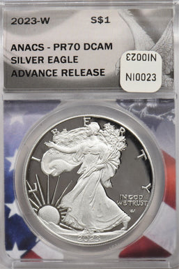 2023-W Silver Eagle Proof 70DCAM ANACS NI0023