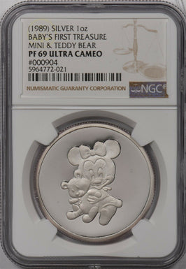 1989 Disney Dollar silver NGC PF69UC Baby's first treasure mini & teddy bear. 1