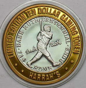 1990 's Casino Chip Token silver Babe Ruth Centennial Harrah's $10 silver gamin