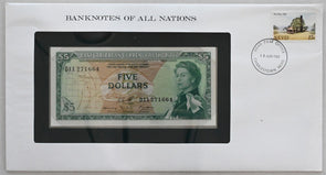 East Caribbean 1982 Nevis 5 Dollars Bank notes of all nations. 15 Cents stamp RC