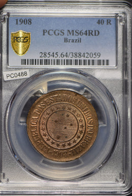 Brazil 1908 40 Reis PCGS MS64RD rare in red PC0488 combine shipping